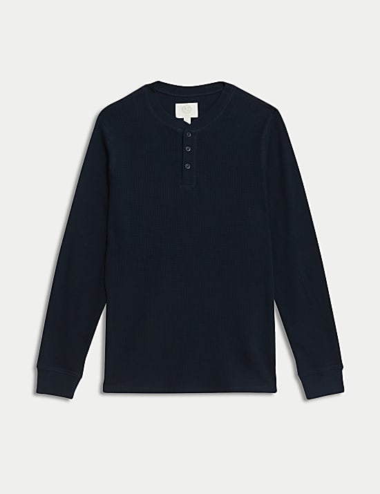 Pure Cotton Henley Waffle Long Sleeve Top