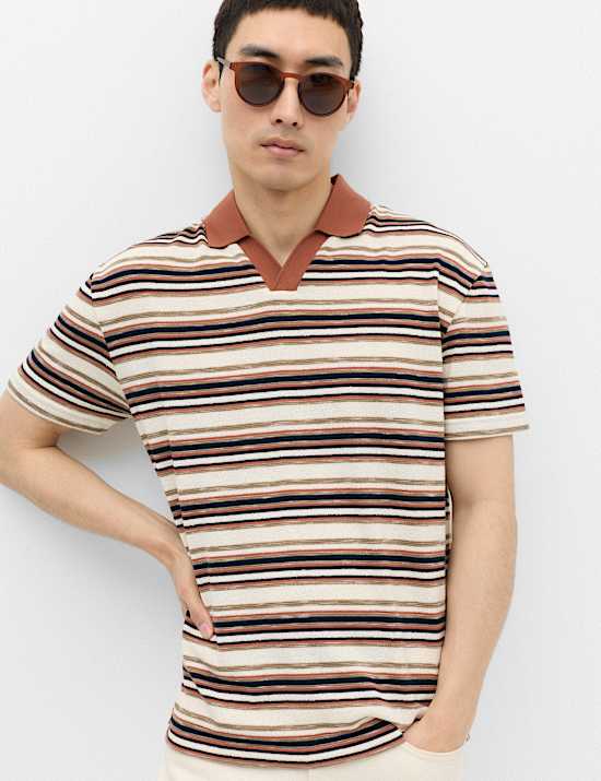 Cotton Blend Crepe Notch Neck Polo Shirt