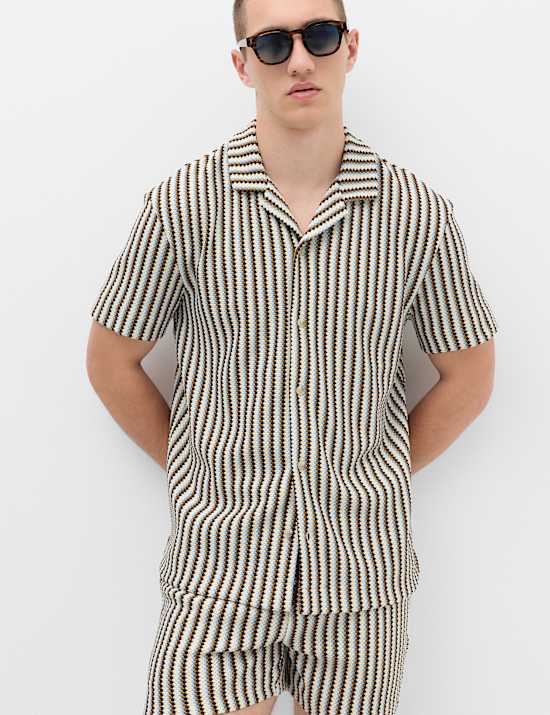 Cotton Blend Textured Striped Short Sleeve Shirt