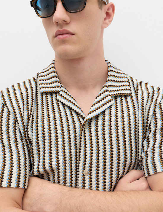 Cotton Blend Textured Striped Short Sleeve Shirt