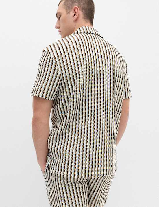 Cotton Blend Textured Striped Short Sleeve Shirt