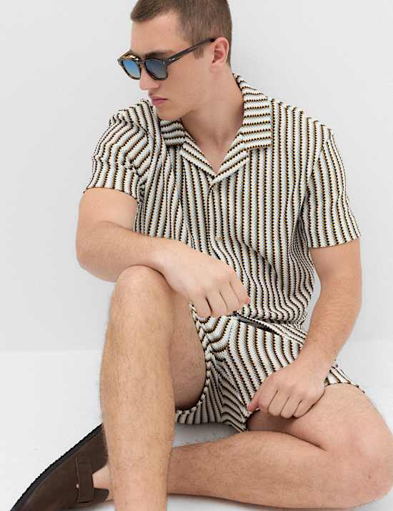 Cotton Blend Textured Striped Short Sleeve Shirt