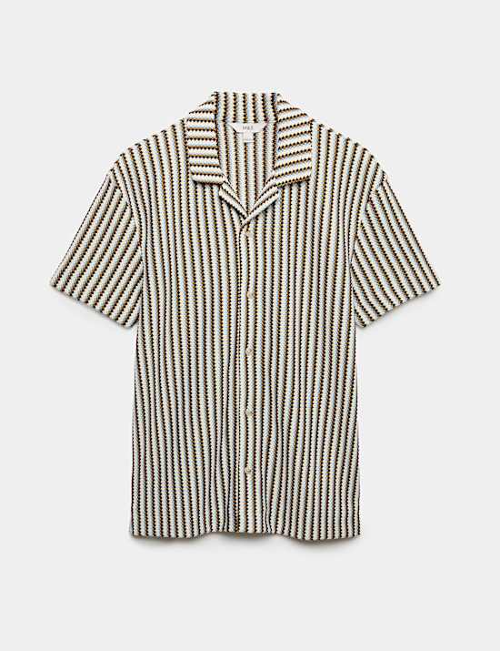Cotton Blend Textured Striped Short Sleeve Shirt