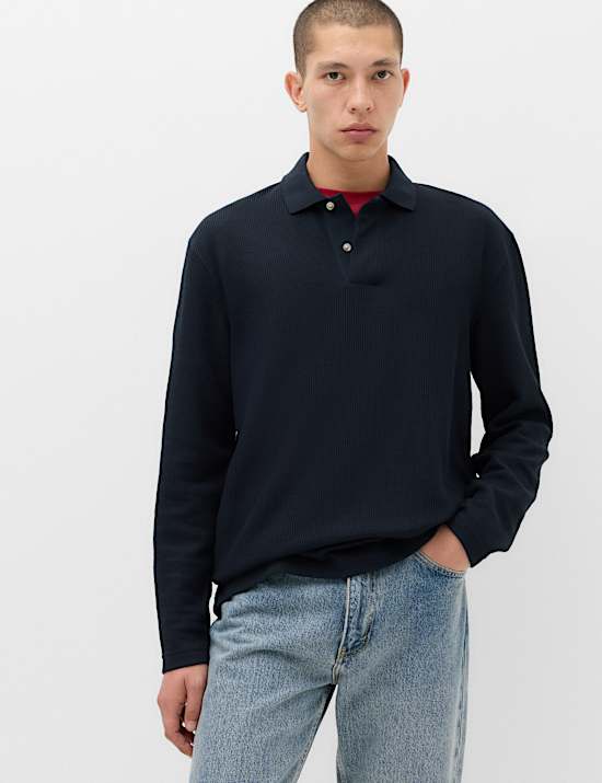 Cotton Blend Ribbed Long Sleeve Polo Shirt