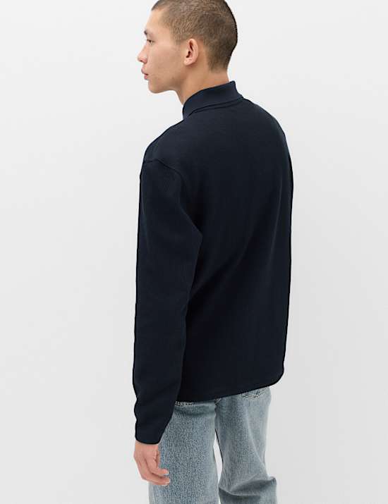 Cotton Blend Ribbed Long Sleeve Polo Shirt