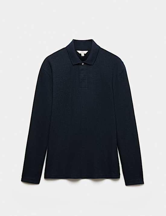 Cotton Blend Ribbed Long Sleeve Polo Shirt