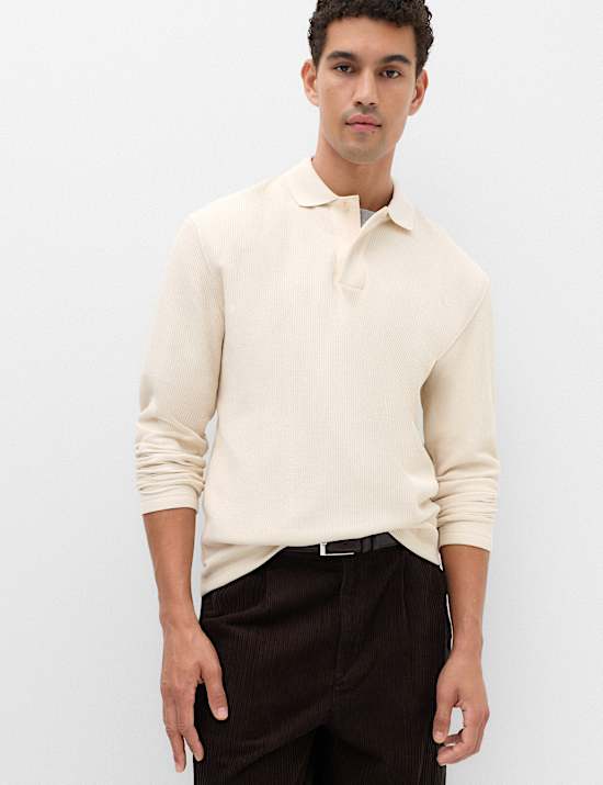 Cotton Blend Ribbed Long Sleeve Polo Shirt