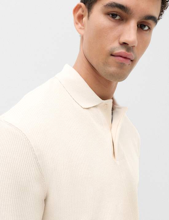 Cotton Blend Ribbed Long Sleeve Polo Shirt