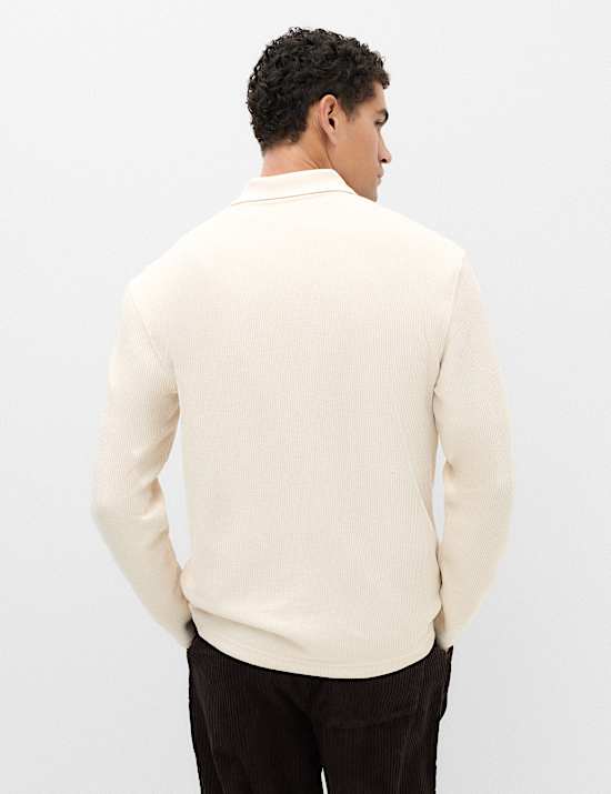 Cotton Blend Ribbed Long Sleeve Polo Shirt