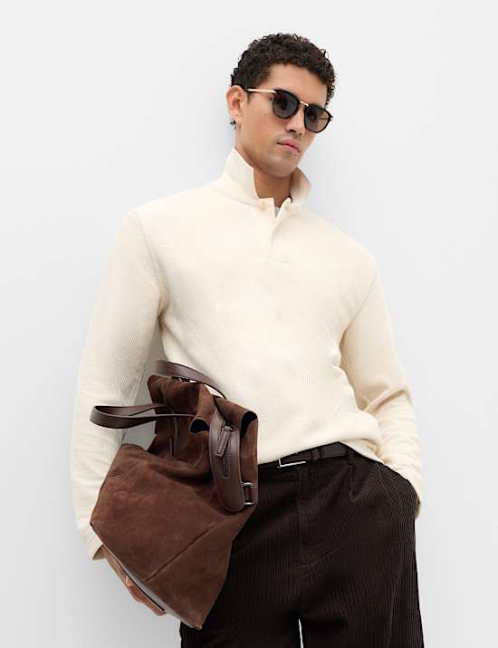 Cotton Blend Ribbed Long Sleeve Polo Shirt
