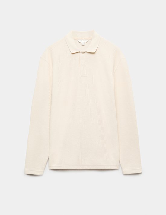 Cotton Blend Ribbed Long Sleeve Polo Shirt