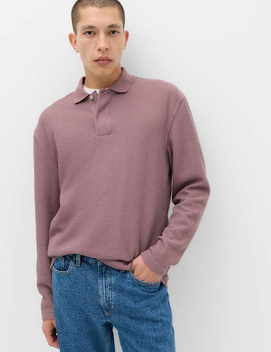 Cotton Blend Ribbed Long Sleeve Polo Shirt