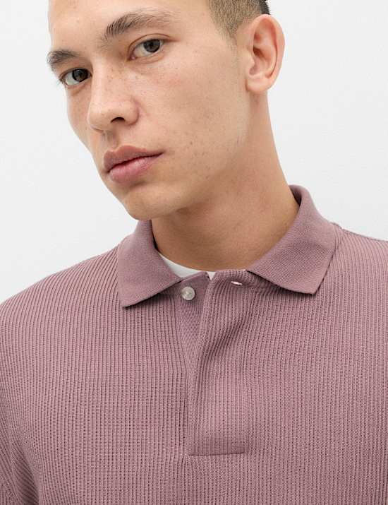Cotton Blend Ribbed Long Sleeve Polo Shirt