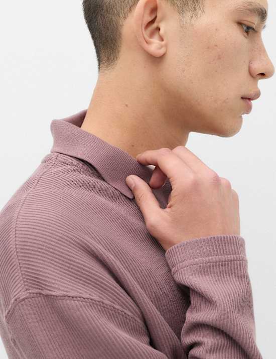 Cotton Blend Ribbed Long Sleeve Polo Shirt