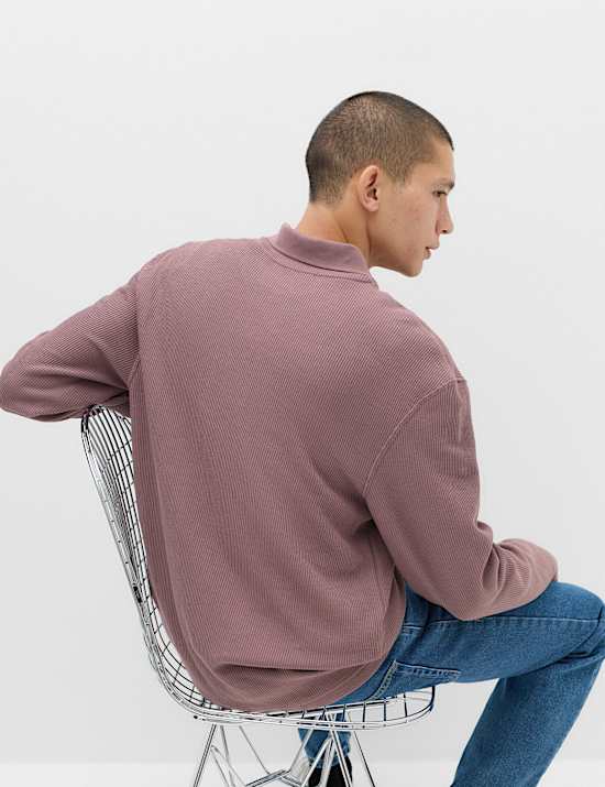 Cotton Blend Ribbed Long Sleeve Polo Shirt