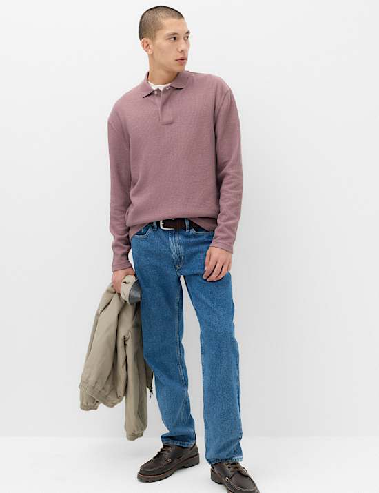 Cotton Blend Ribbed Long Sleeve Polo Shirt