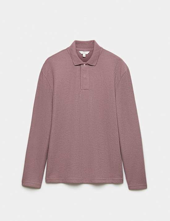 Cotton Blend Ribbed Long Sleeve Polo Shirt