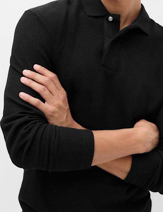 Cotton Blend Ribbed Long Sleeve Polo Shirt