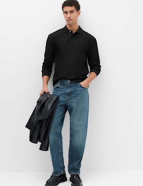 Cotton Blend Ribbed Long Sleeve Polo Shirt