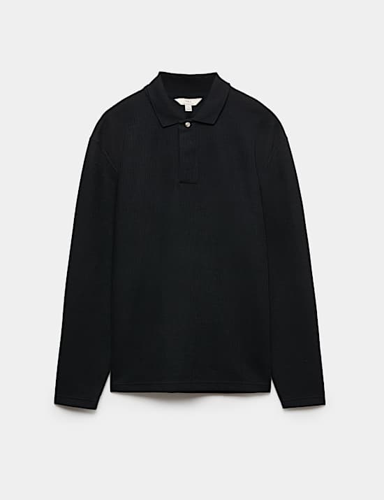 Cotton Blend Ribbed Long Sleeve Polo Shirt