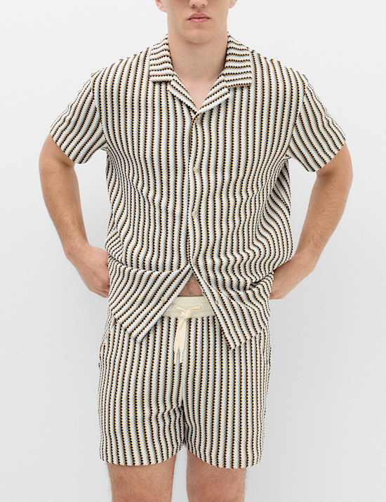 Striped Knit Textured Cotton Blend Shorts