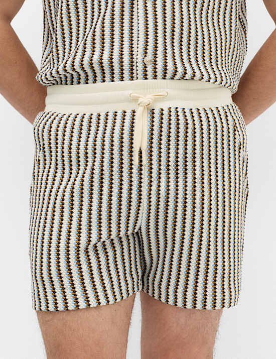 Striped Knit Textured Cotton Blend Shorts