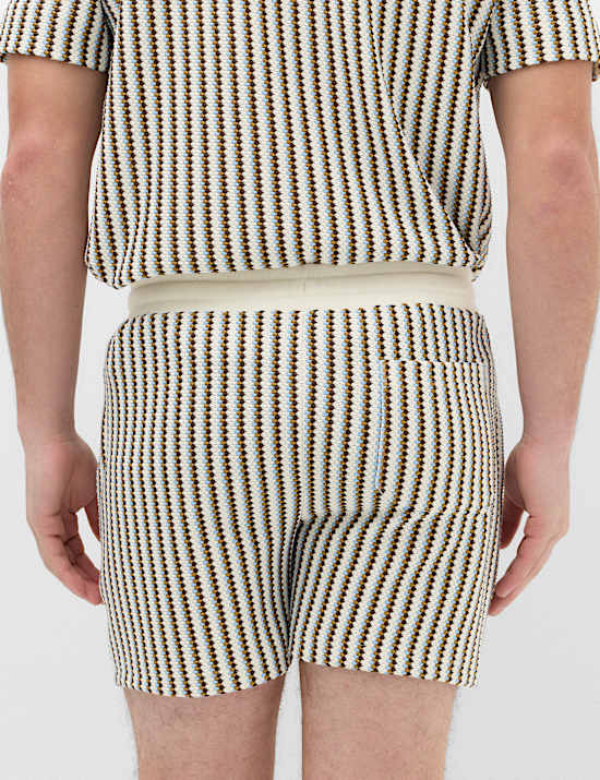 Striped Knit Textured Cotton Blend Shorts