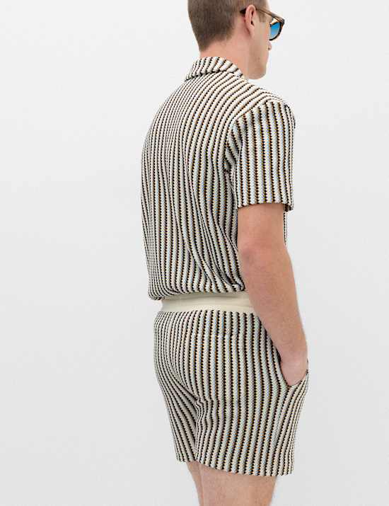 Striped Knit Textured Cotton Blend Shorts