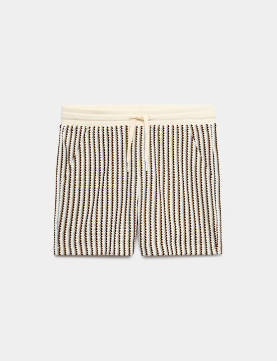 Striped Knit Textured Cotton Blend Shorts