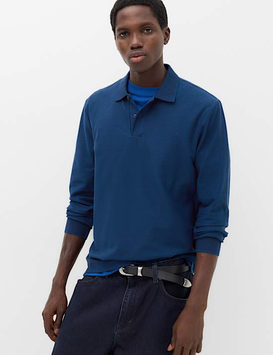 Cotton Rich Striped Long Sleeve Polo Shirt