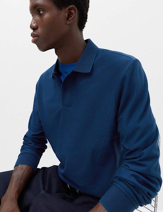 Cotton Rich Striped Long Sleeve Polo Shirt