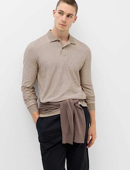 Cotton Rich Striped Long Sleeve Polo Shirt