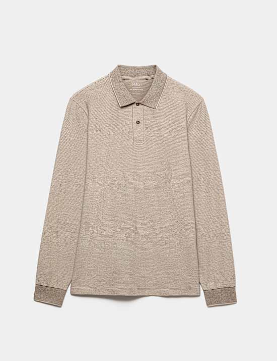 Cotton Rich Striped Long Sleeve Polo Shirt