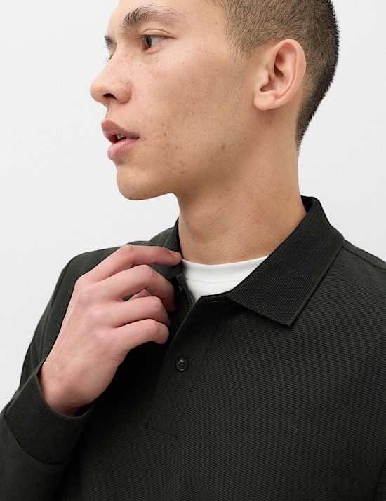 Cotton Rich Striped Long Sleeve Polo Shirt