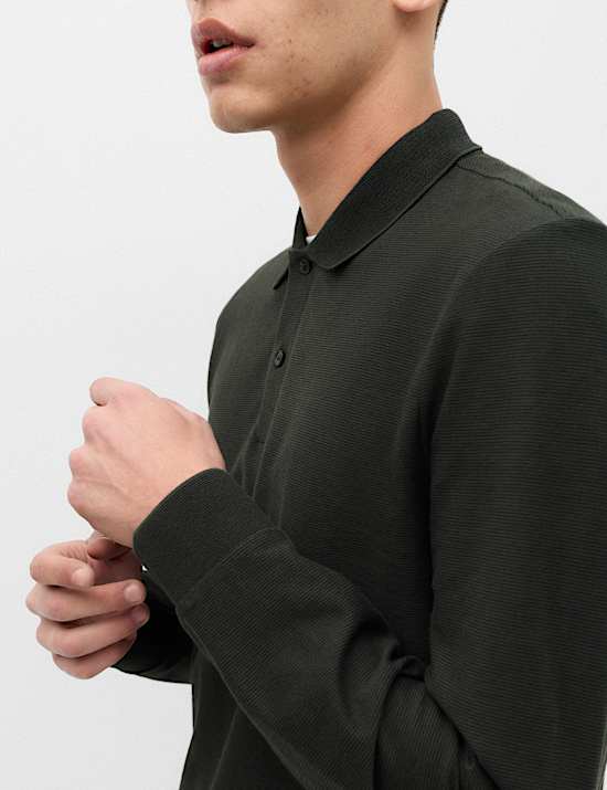 Cotton Rich Striped Long Sleeve Polo Shirt