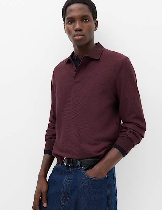 Cotton Rich Striped Long Sleeve Polo Shirt