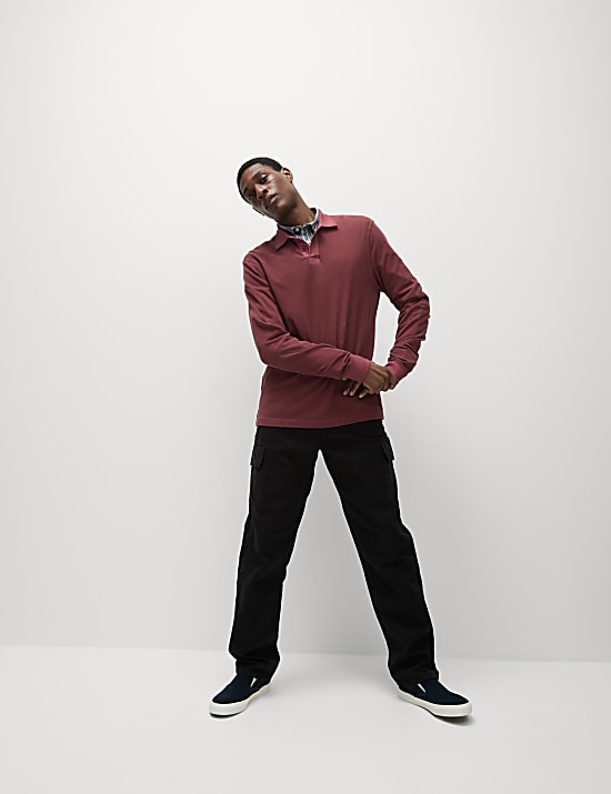 Pure Cotton Textured Long Sleeved Polo Shirt