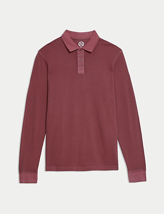 Pure Cotton Textured Long Sleeved Polo Shirt
