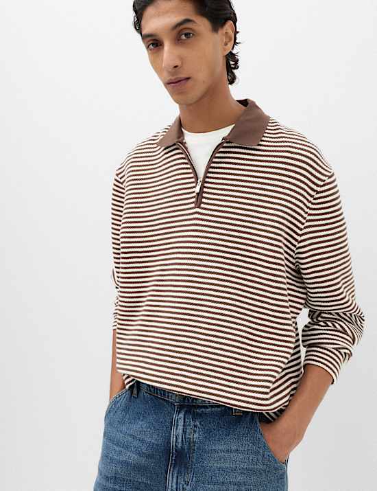 Pure Cotton Half Zip Striped Polo Shirt