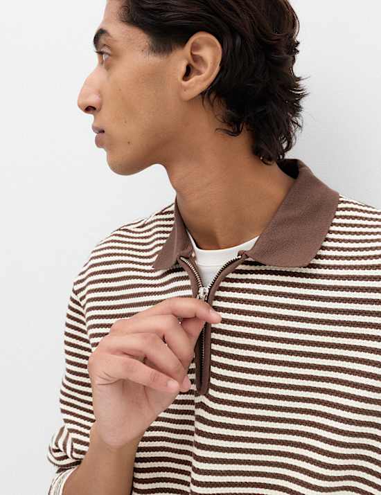Pure Cotton Half Zip Striped Polo Shirt