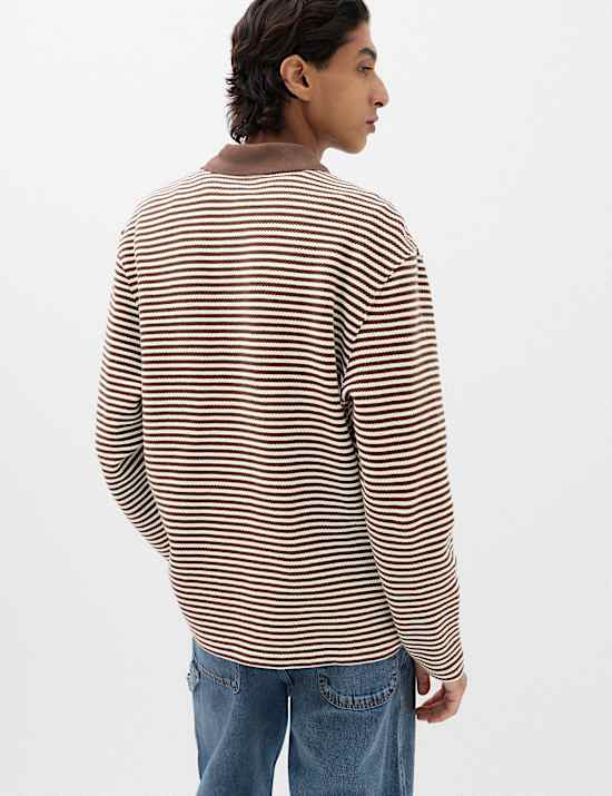 Pure Cotton Half Zip Striped Polo Shirt