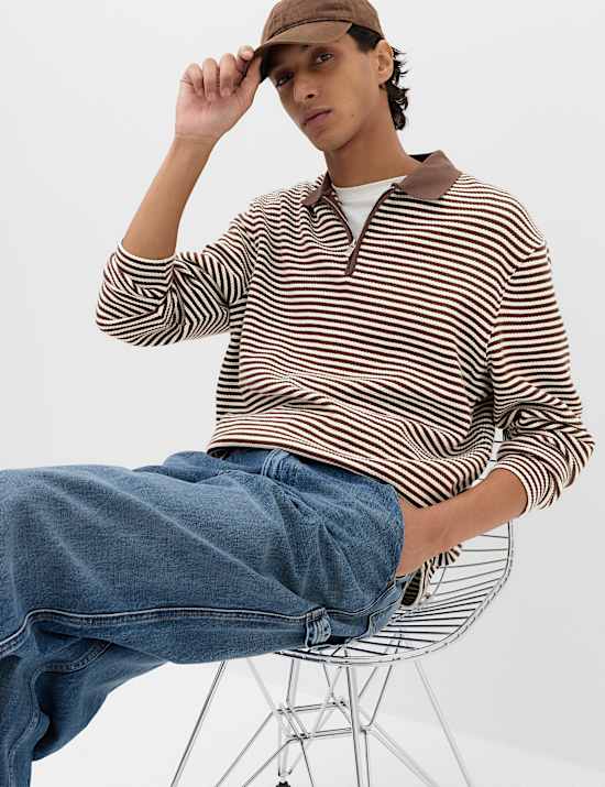 Pure Cotton Half Zip Striped Polo Shirt