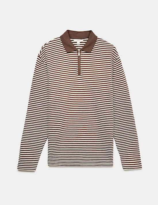 Pure Cotton Half Zip Striped Polo Shirt