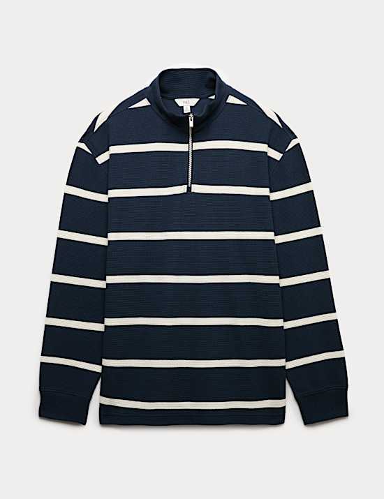 Cotton Rich Waffle Striped Half Zip Sweatshirt