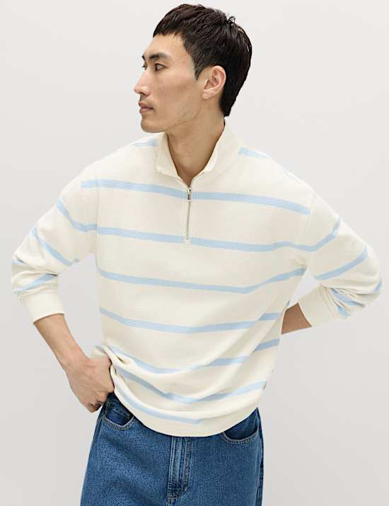 Cotton Rich Waffle Striped Half Zip Sweatshirt