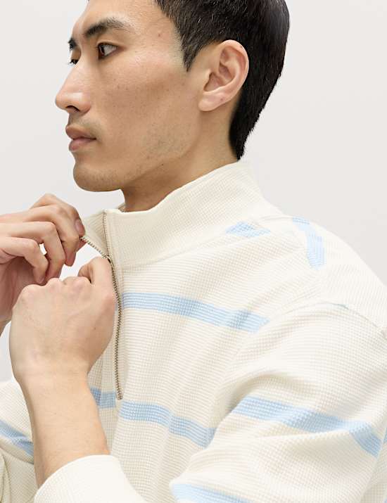 Cotton Rich Waffle Striped Half Zip Sweatshirt