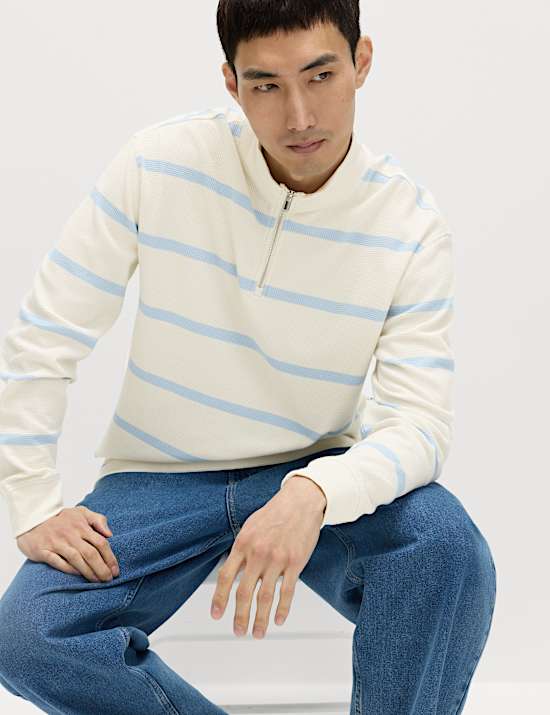 Cotton Rich Waffle Striped Half Zip Sweatshirt