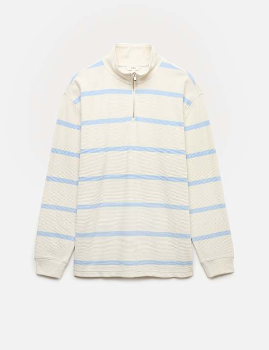 Cotton Rich Waffle Striped Half Zip Sweatshirt