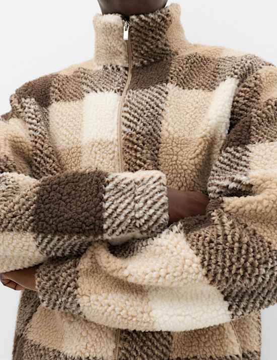 Checked Funnel Neck Zip Up Fleece