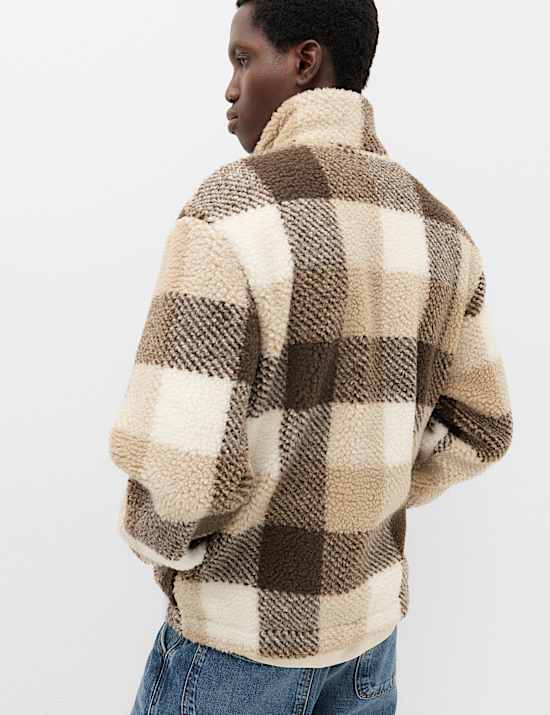 Checked Funnel Neck Zip Up Fleece